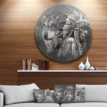Wolf and American Indian Chief - Animal Round Metal Wall Art